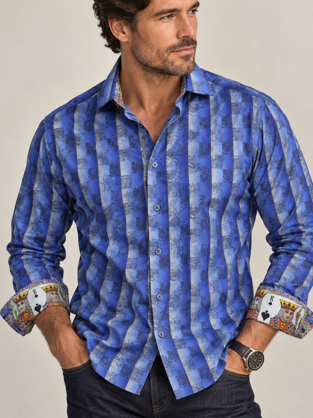 Robert Graham Blue Patterned Contrast Cuff Shirt